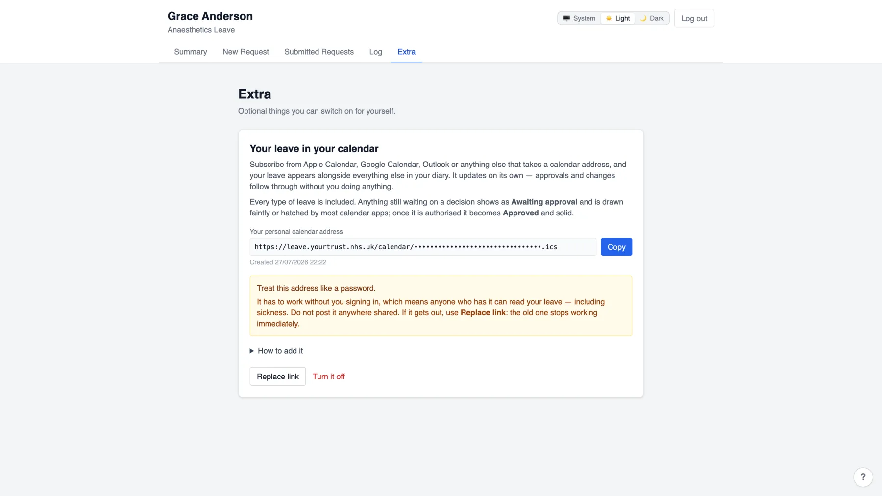 Calendar subscription page with a personal feed address to add to a calendar app.
