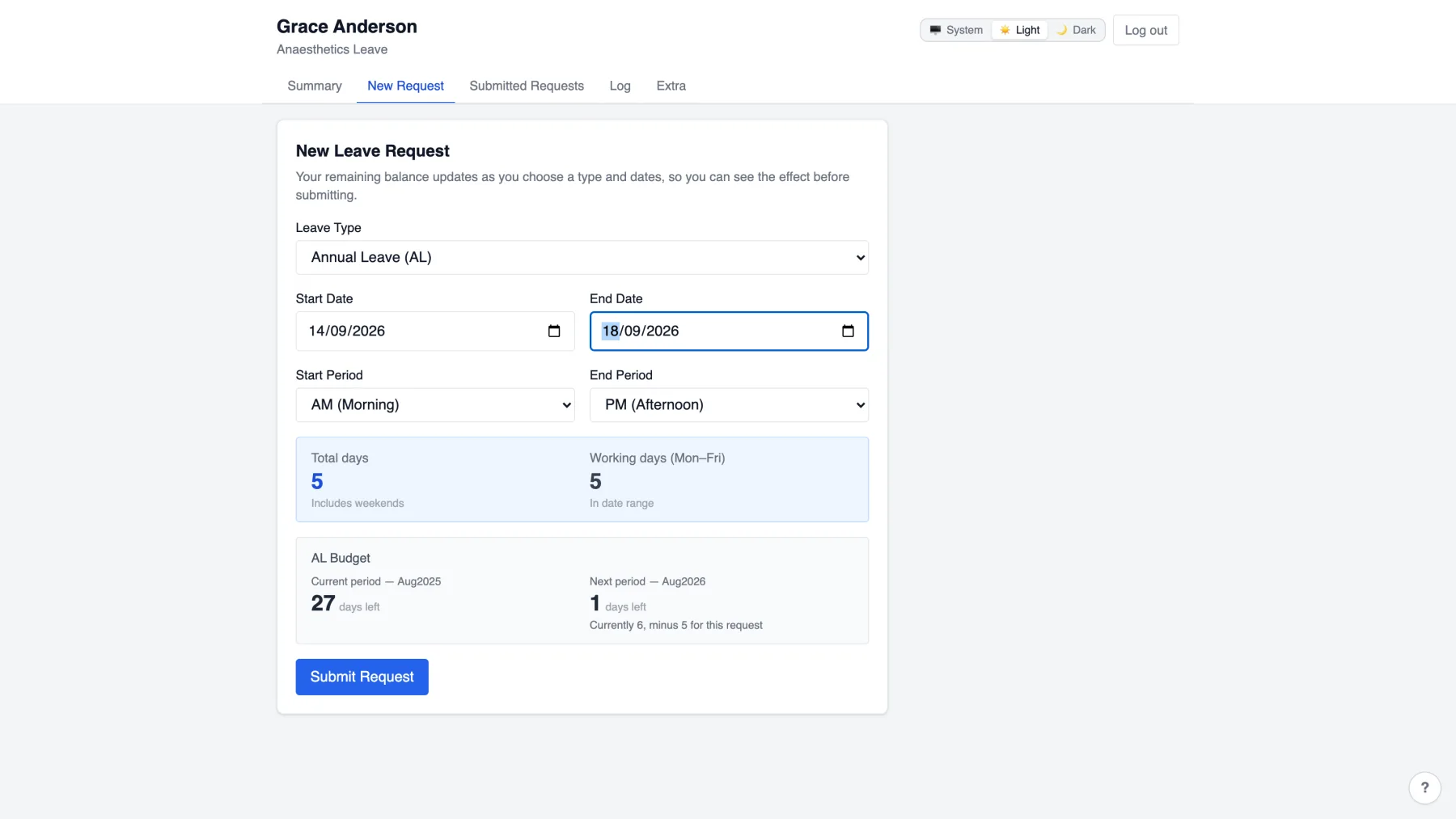 New leave request form showing a live projected balance of one day left after this request.